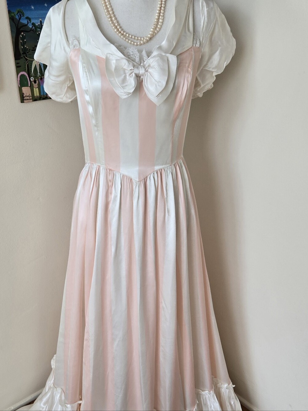 Vintage Gunne Sax Pink and Ivory Striped Satin Dress with Bow Formal Ruffle